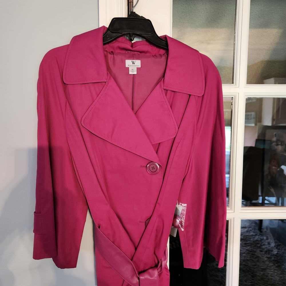 Women's Fushia Trench Coat XL Waist Length Faux Leather Belt XL New In Bag